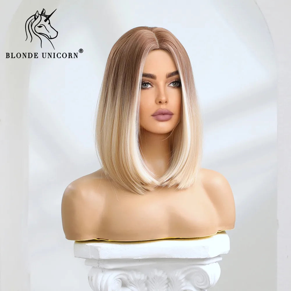 Crown & Glory Wigs  Blonde Unicorn Synthetic Wig Medium Long Ombre Blonde to Platinum For Women Daily Party Cosplay Wigs Heat Resistant Fiber Hair