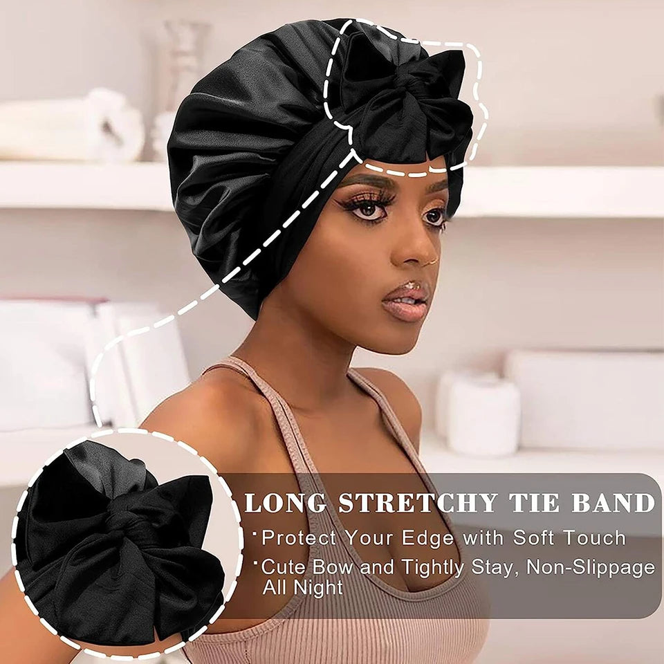 Style & Shine Hair  Satin Solid  Silky Bonnets With Long Tie Bands Elastic Shower Cap Adjustable