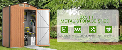 Outdoor Storage Shed, 5x3 Ft Metal Tiny House with Frame Floor Lockable Door, Vertical Outside Storage Building, Tool Storage