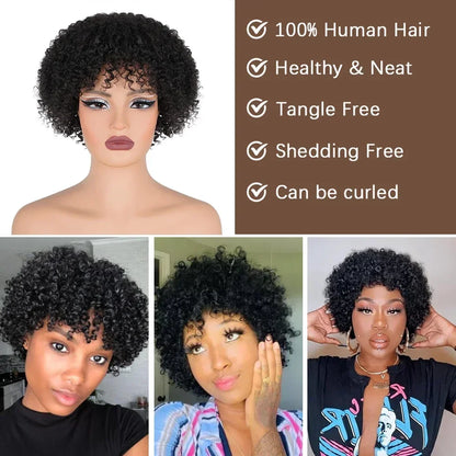 Crown & Glory Wigs  Short Curly Pixie Cut Wig with Bangs Glue less Afro Kinky Curly Brazilian Human Hair Wigs For Women Ready to Go Machine Made Wig