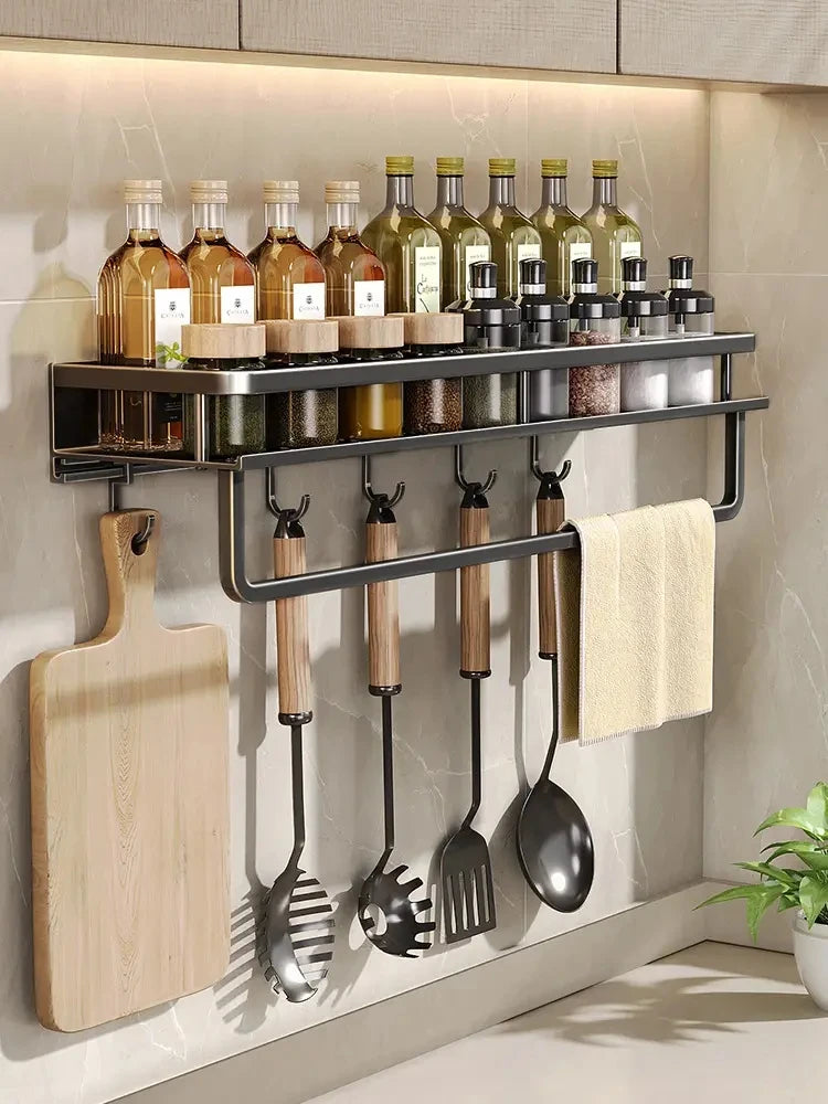 kitchen  30/40/50CM Kitchen Rack Wall-mounted Spice Storage Rack with Hook Rod Kitchen Utensils