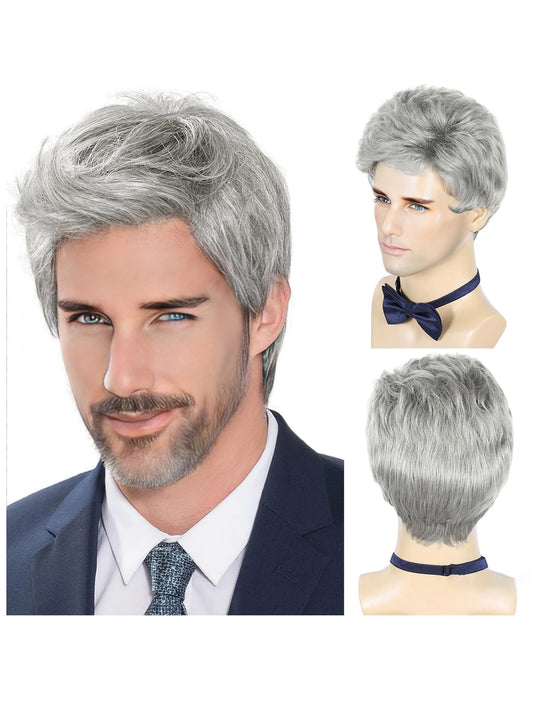 Crown & Glory Wigs   Men Wigs Short Silver Gray Wig Synthetic Heat Resistant Natural Halloween Cosplay Hair Wig