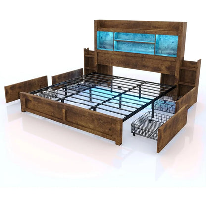 Living Room Queen Bed Frame with 49.6" Bookcase Headboard & 2 Bedside Stoage Racks & Drawers,Wood Bed Frame with RGB LED & Charging Station