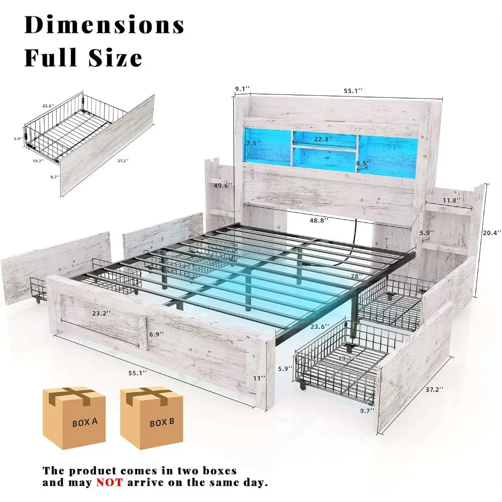 Living Room Queen Bed Frame with 49.6" Bookcase Headboard & 2 Bedside Stoage Racks & Drawers,Wood Bed Frame with RGB LED & Charging Station