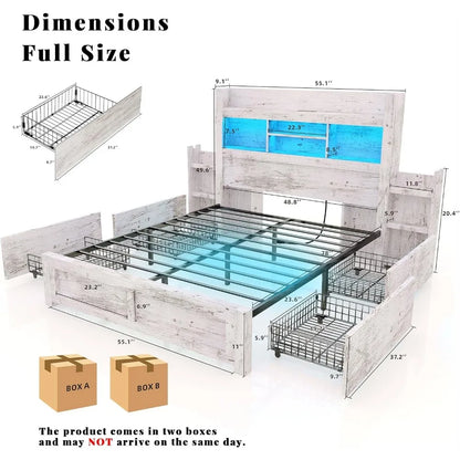 Living Room Queen Bed Frame with 49.6" Bookcase Headboard & 2 Bedside Stoage Racks & Drawers,Wood Bed Frame with RGB LED & Charging Station