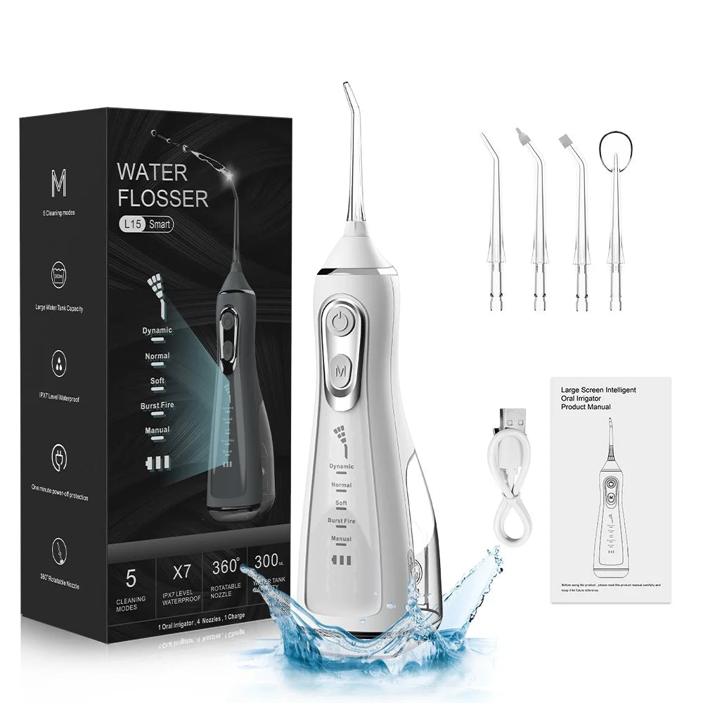 Bathroom Portable Dental Oral Irrigator Water Flosser USB Rechargeable 4 Nozzles Water Jet 300ml Water Tank Waterproof IPX7