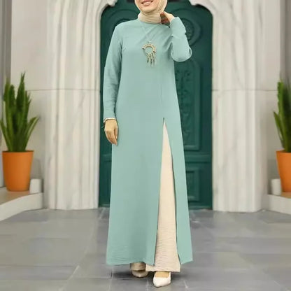 Muslim family   Abayas for Women, Long Sleeve, High Split Hems Robe, Elegant Women's Dress, Ice Silk, Wrinkle, Fashion, 2021