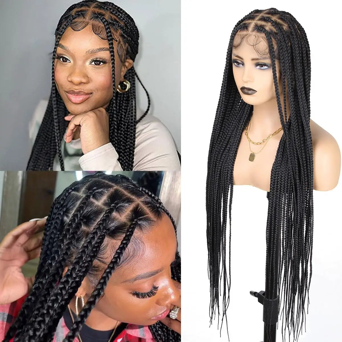 Crown & Glory Wigs   Synthetic Large Box Braided Wigs Jumbo Knotless 360° HD Full Lace Front Wigs For Black Women Jumbo Tribal Braids Faux Locs