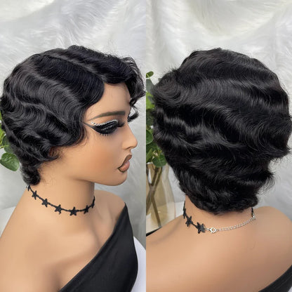 Crown & Glory Wigs  Short Finger Wavy Wig Full Machine Made Curly Black Cute Nuna Wig African Black Wigs for Women Mommy Wig Short Pixie Cut Wigs