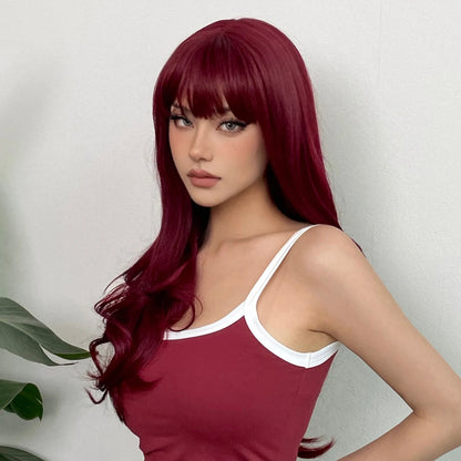 Crown & Glory Wigs HENRY MARGU Burgundy Long Wavy Wigs Wine Red Wig with Bangs for Women Daily Synthetic Hair Cosplay Wig Heat Resistant Fiber