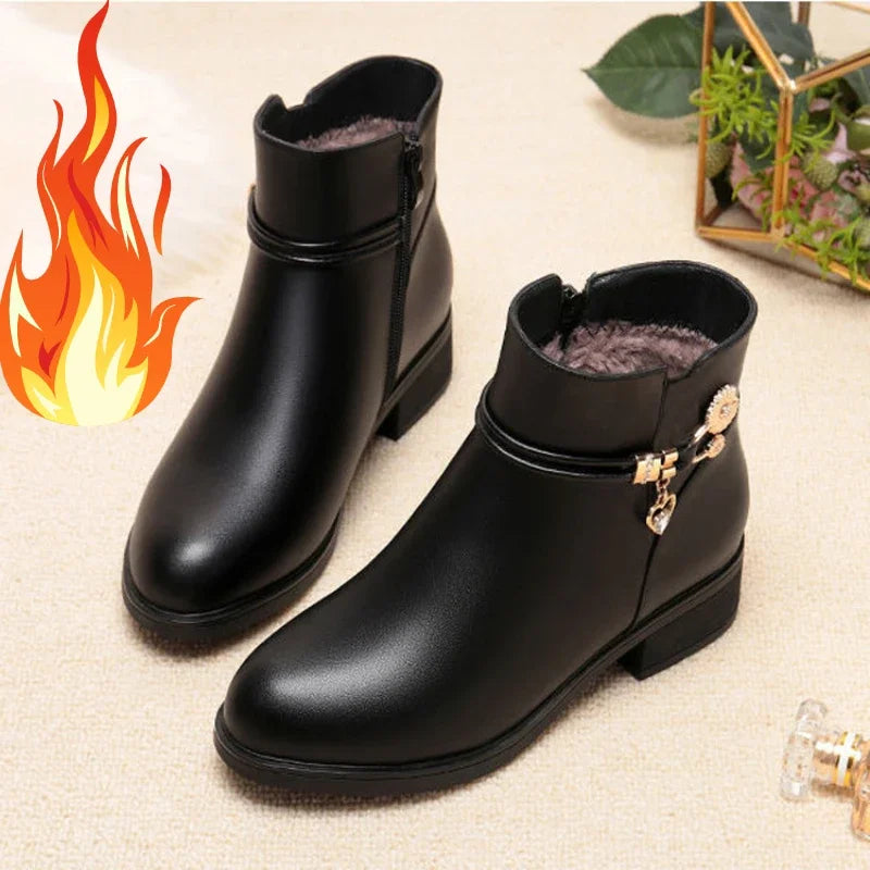 Woman shoes Women's Rhinestone Leather Boots Autumn Winter Warm Cotton Shoes Low Heel Round Head Side Zip Footwear Botas Para Mujeres