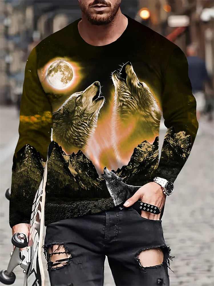 Men clothing Street Fashion Men's Long Sleeve T-shirt  Wolf Print