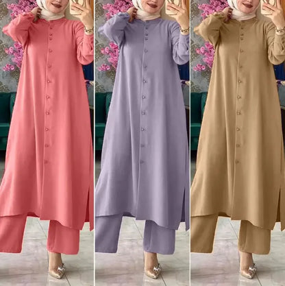 Muslim Family  Ensemble Modest Women Long Coat Wide Leg Pants Suit Islam Ramadan Morocco Dubai Muslim 2 Piece Casual Kimono Arabic Outfits