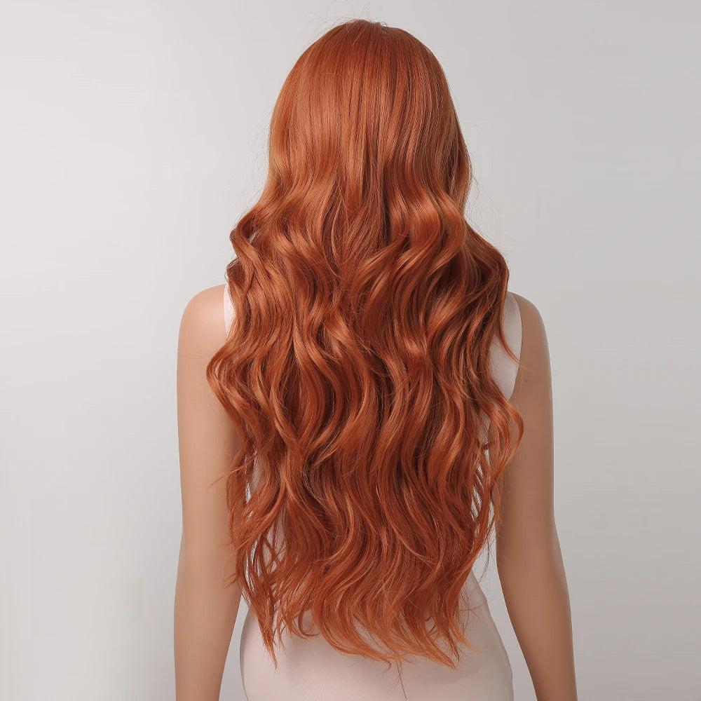 Crown & Glory Wigs  Ginger Curly Synthetic Wigs for Women Long Natural Wavy Orange Wigs with Flat Bangs Colorful Party Heat Resistant Wig