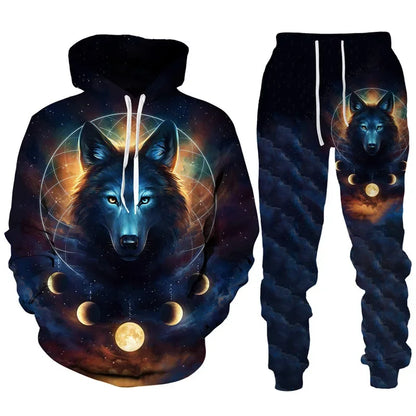 Men clothing  3D Print Hoodies Suit Man Dazzle Wolf Hip Hop Streetwear Hoodie And Pants 2pcs Sets