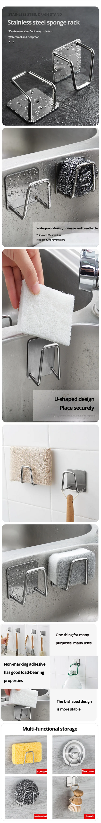 Kitchen  304Stainless Steel Sink Shelf Sponges Storage Holde Adhesive Drain Drying Rack Wall Hooks Storage Organizer Accessories