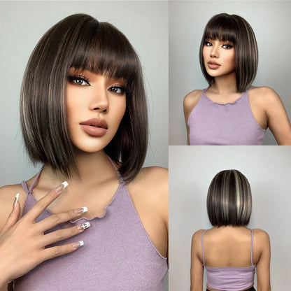 Crown & Glory Wigs  HENRY MARGU Brown Highlight Bob Wig Mixed Color Synthetic Hair for Women Natural Short Straight Wigs with Bangs High Temperature