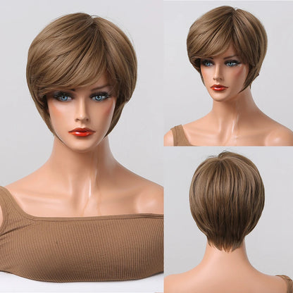 Crown & Glory Wigs  Bob Synthetic Wigs Ombre Brown to Blonde Straight Short Hair with Bangs for Women Daily Party Cosplay Use Heat Resistant Fibre