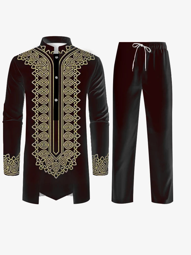 Muslim family   New Muslim Men's Robe Black Yellow Black Long Sleeve Pants Arab Men's Suit New Pattern Printed Multi Color Combination Matching