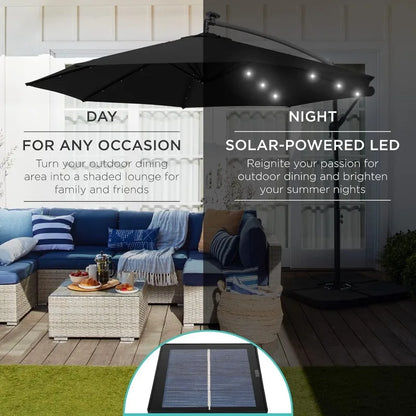 Outdoor 10ft Solar LED Offset Hanging Market Patio Umbrella for Backyard, Poolside, Lawn and Garden w/Easy Tilt Adjustment