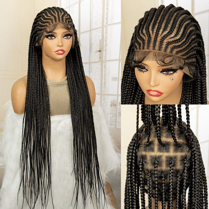 Crown & Glory Wigs  34 Inches Handmade Synthetic Braiding Wig HD Full Lace Cornrow Braided Wigs Back Knotless Box Braids Wig for Black Women