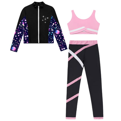 Girl clothing   Kids Girls Sweat suits Set Tracksuit 3 Piece Outfits Long Sleeve Zip Front Jacket + Vest + Colorblock Leggings Sportswear Sets