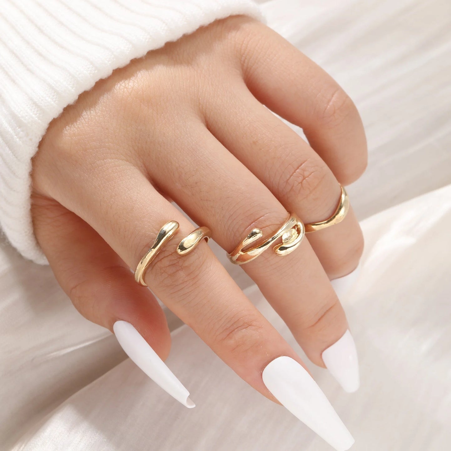 Jewellery   3 Pcs Irregular Geometric Ring Set for Women Punk Design Smooth Gold Silver Color Water Drop Adjustable Open Ring Trendy Jewelry