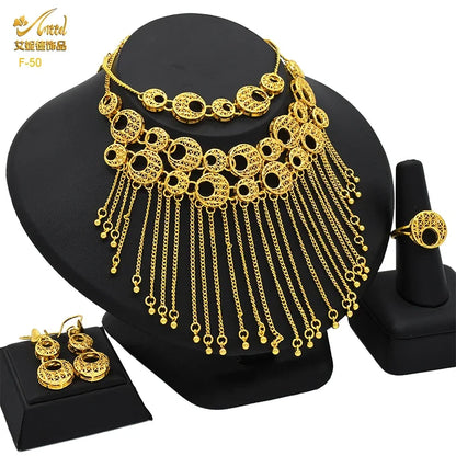 Jewellery   Dubai Tassel 24k Gold Color Jewelry Sets For Women Wedding Ethiopian Indian Bridal Necklace And Earring 4Pcs Set Party Gifts