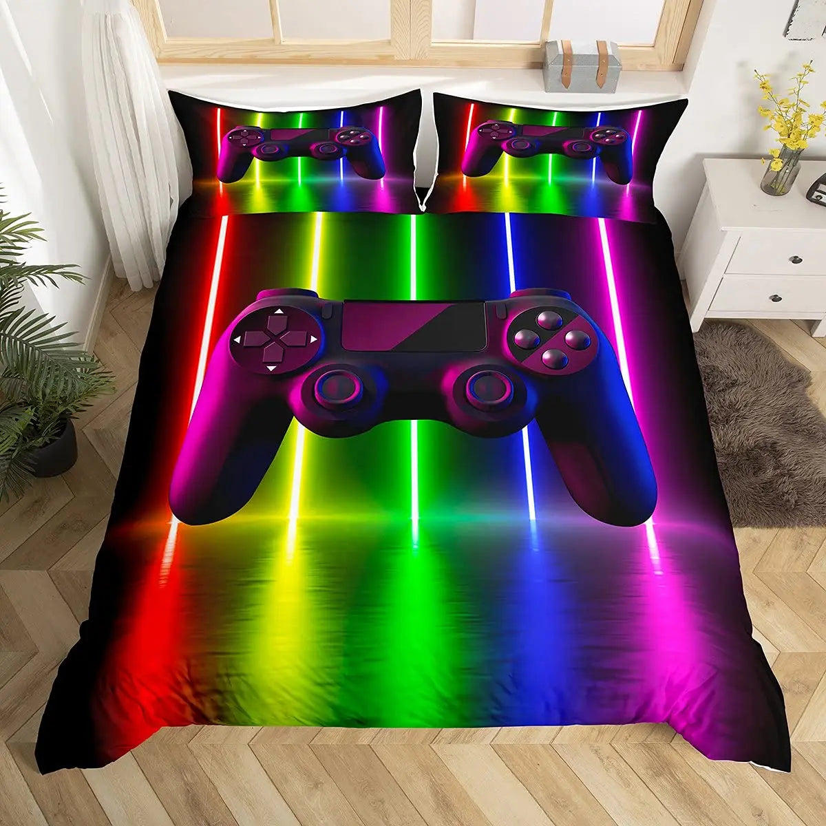 Bedroom  Teen Boys Gamer Duvet Cover Set Queen/King Size,Boys Gamepad Comforter Cover,Black Classic Retro Gaming Polyester Quilt Cover