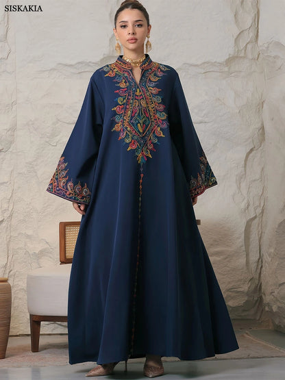 Muslim family   Siskakia Embroidery V-Neck Long Dress Dubai Arab Abaya For Muslim Woman Loose Moroccan Saudi Ethnic Jalabiya Fashion Robe 2024