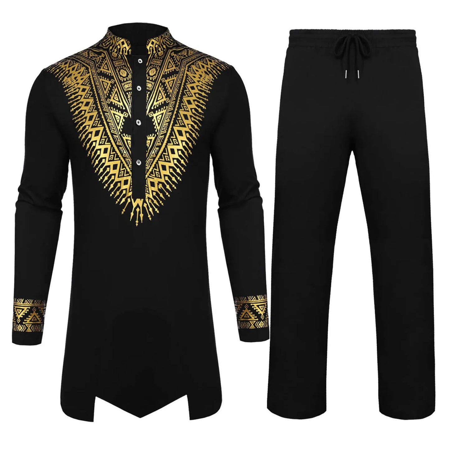 Muslim family   Men'S Ethnic Style Robe Suit Fashion Trend Vintage Gothic Set Hot Stamping Printed Robe Drawstring Straight Pants Two Piece Set