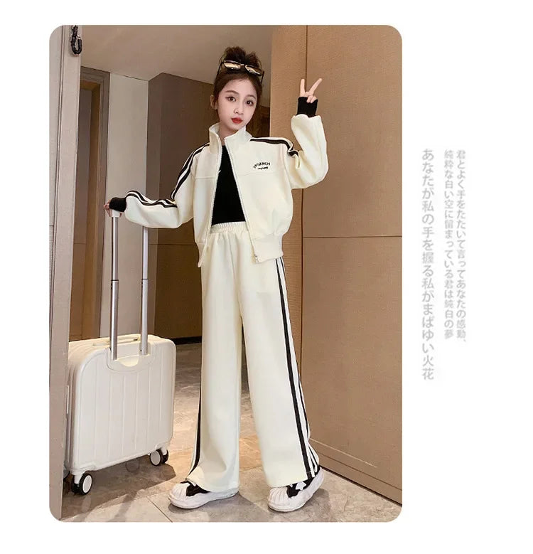 Girl clothing    Korean Spring Autumn Children Girl Sports Suit Teenager Girl Zipper Sweat Jackets+Wide-leg Sweatpants Junior Girl Tracksuit