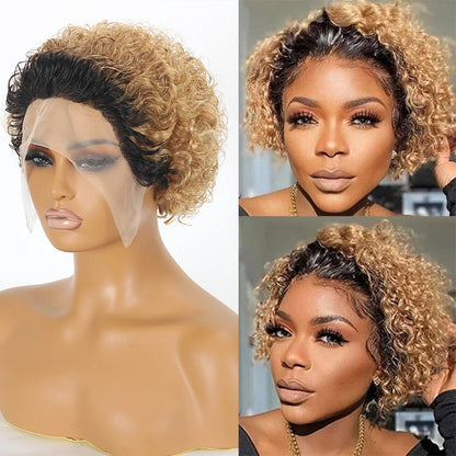 Crown & Glory Wigs  Pixie Cut Wigs Short Kinky Curly Lace Front Human Hair Wigs 13x2 Transparent Lace Frontal Wigs 1B/99 Ombre Water Wave Bob Wig