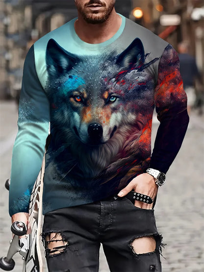 Men clothing Street Fashion Men's Long Sleeve T-shirt  Wolf Print