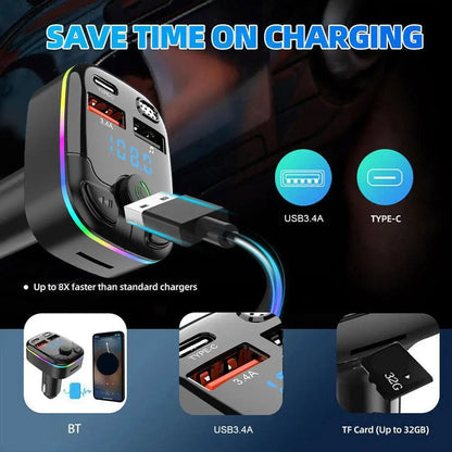 Car    Bluetooth 5.0 FM Transmitter Type-C Dual USB 3.1ACharging Wireless Radio Adapter MP3 Player Support TF Card