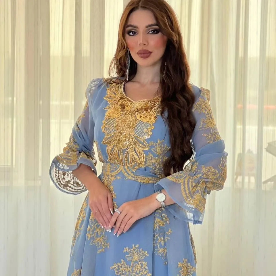 Muslim family   Eid Women Loose Dress Abaya Muslim Party Dresses Ramadan Embroidery Abayas Caftan Kaftan Mesh Vestidos Robe Dubai Arab Turkey