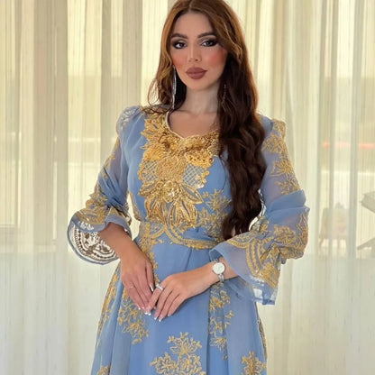 Muslim family   Eid Women Loose Dress Abaya Muslim Party Dresses Ramadan Embroidery Abayas Caftan Kaftan Mesh Vestidos Robe Dubai Arab Turkey