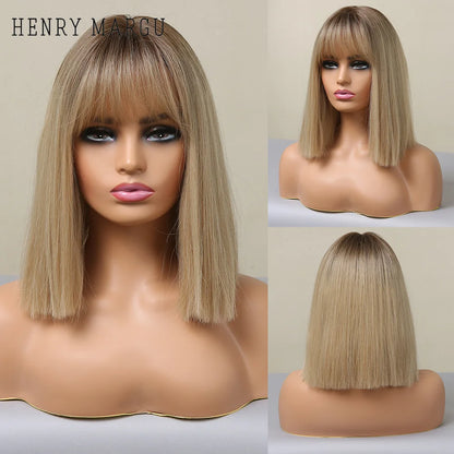 Crown & Glory Wigs HENRY MARGU Dark Root Ombre Brown Blonde Short Hair Wigs Fluffy Pixie Cut Synthetic Wig for Black White Women Heat Resistant