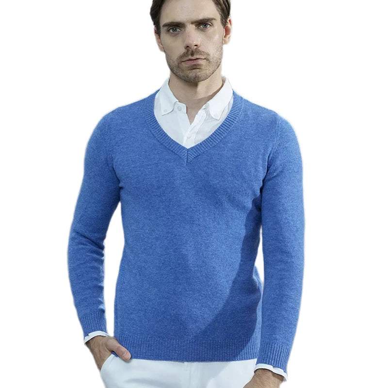 Muslim family   Cashmere Sweater Men Knitted Sweaters 100% Pure Merino Wool V-Neck Long-Sleeve Thick Pullover Winter Autumn Male Jumper Clothing