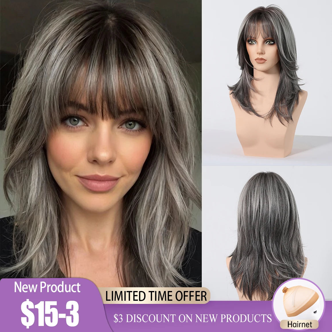 Crown & Glory WigsHENRY MARGU Grey Layered Synthetic Natural Wig Medium Length Straight Wig with Bangs for Women Daily Party Wigs Heat Resistant