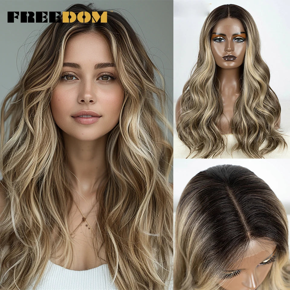 Crown & Glory Wigs   FREEDOM Synthetic Lace Front Wigs For Women Body Wave 24 Inch Wavy Wig Ombre Brown Blonde Pink Lace Wig White Cosplay Wig