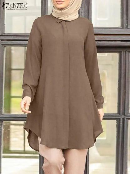 Muslim family Women  Muslim Blouse ZANZEA Spring Elegant Long Sleeve Solid Shirt  Turkey Tops Abaya Marocain Blusas IsIamic Clothing