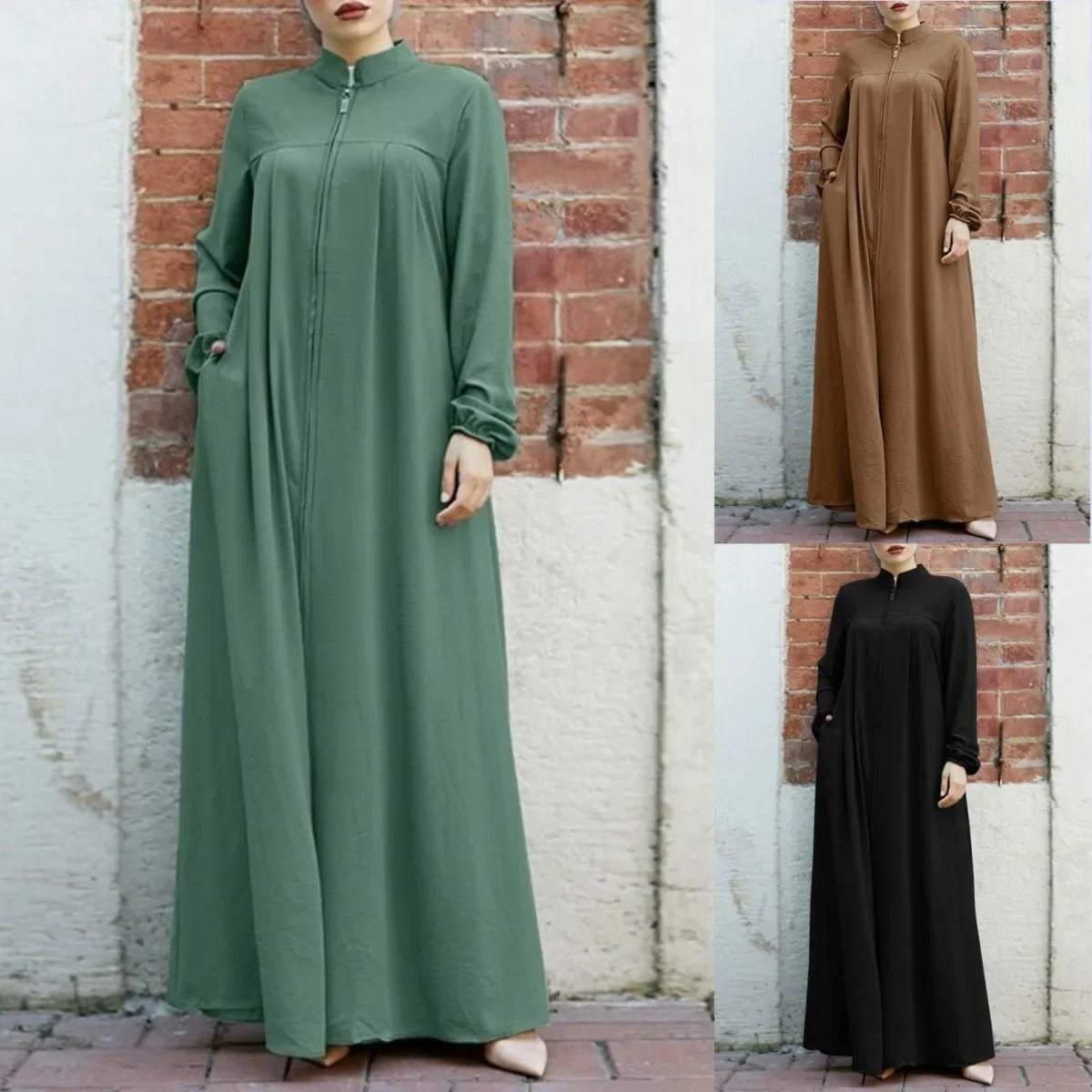 Muslim Family   Jalabiya Dress Women Long Sleeve Muslim Eid Casual Solid Color Abaya Caftan Kaftan Dresses Ramadan Abayas Vestido Zipper Robe