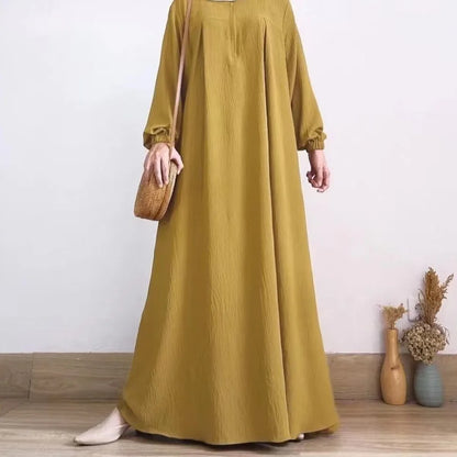 Muslim Family    Middle East Pleated Dress for Women, Muslim Fashion, Dubai, Arab Style, Elegant, Solid Round Neck, Long Sleeve, Abaya