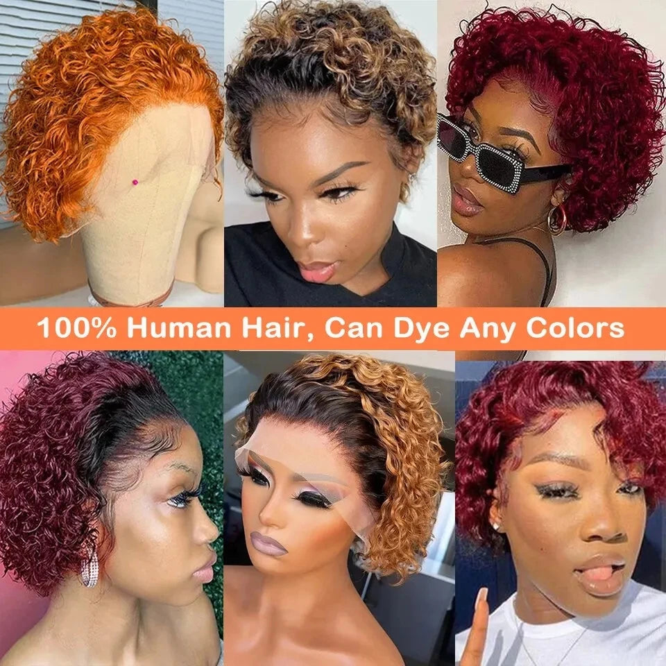 Crown & Glory Wigs  Pixie Cut Wigs Short Kinky Curly Lace Front Human Hair Wigs 13x2 Transparent Lace Frontal Wigs 1B/99 Ombre Water Wave Bob Wig