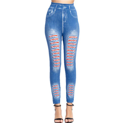 Woman clothing   INDJXND High Waist Lace Leggings Women Ladies Floral Side Hollow Out Patchwork Workout Pants Push Up Elasticity Faux Denim Jean