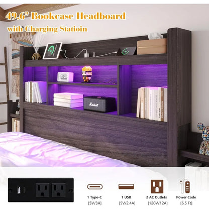 Living Room Queen Bed Frame with 49.6" Bookcase Headboard & 2 Bedside Stoage Racks & Drawers,Wood Bed Frame with RGB LED & Charging Station