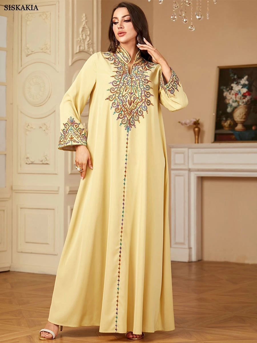 Muslim family   Siskakia Embroidery V-Neck Long Dress Dubai Arab Abaya For Muslim Woman Loose Moroccan Saudi Ethnic Jalabiya Fashion Robe 2024