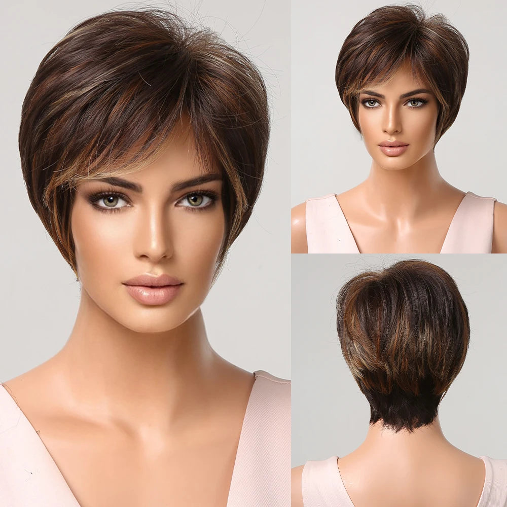 Crown & Glory Wigs EASIHAIR Short Honey Brown Synthetic Wigs for Women Layered Natural Hair Wigs Free Part Short Hair Daily Wig Heat Resistant