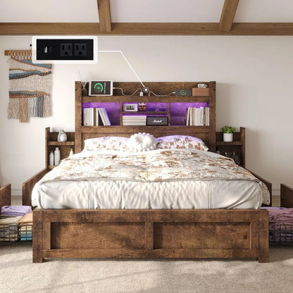 Living Room Queen Bed Frame with 49.6" Bookcase Headboard & 2 Bedside Stoage Racks & Drawers,Wood Bed Frame with RGB LED & Charging Station